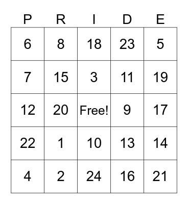 PRIDE Bingo Card