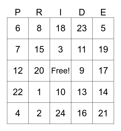PRIDE Bingo Card