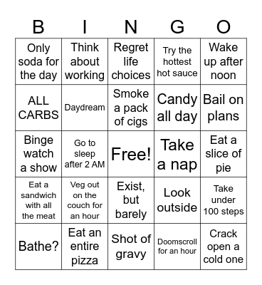 Anti-fitness Bingo Card