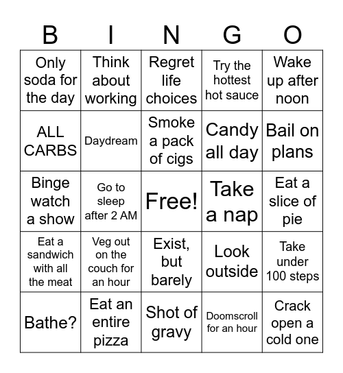 Anti-fitness Bingo Card