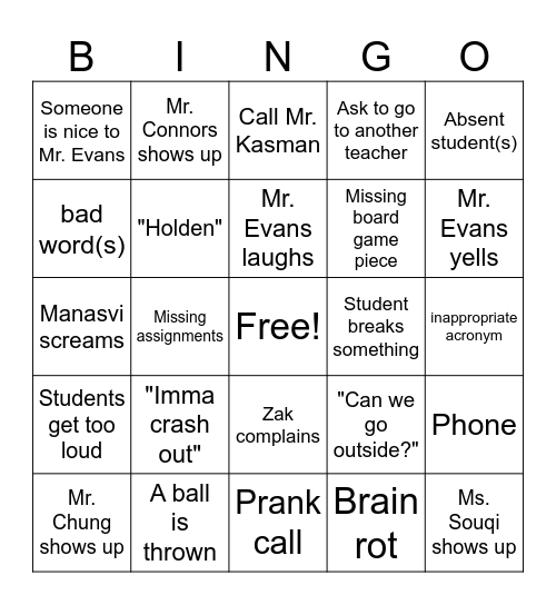Classroom Bingo Card
