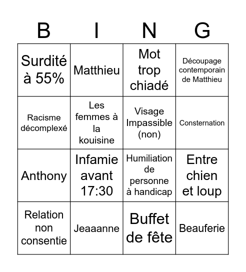 Bingo de la Honte Bingo Card