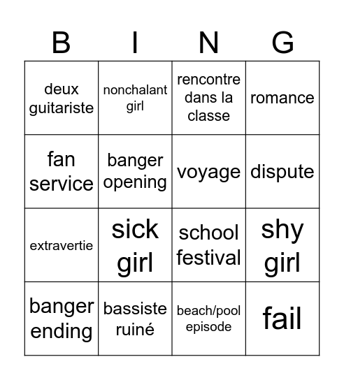 K-On bingo Card
