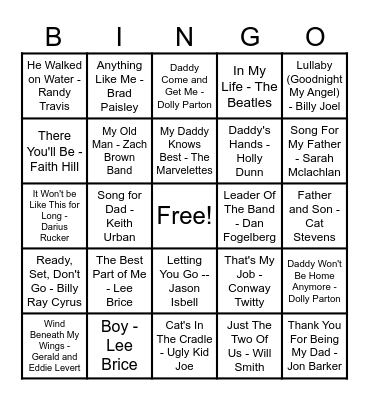 Songs About Dads Bingo Card