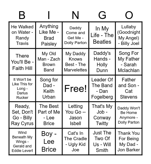 Songs About Dads Bingo Card