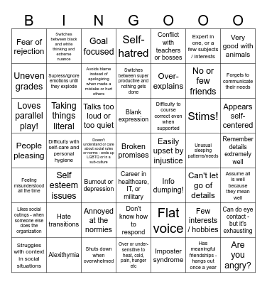 Un/late-diagnosed Autism Bingo Card