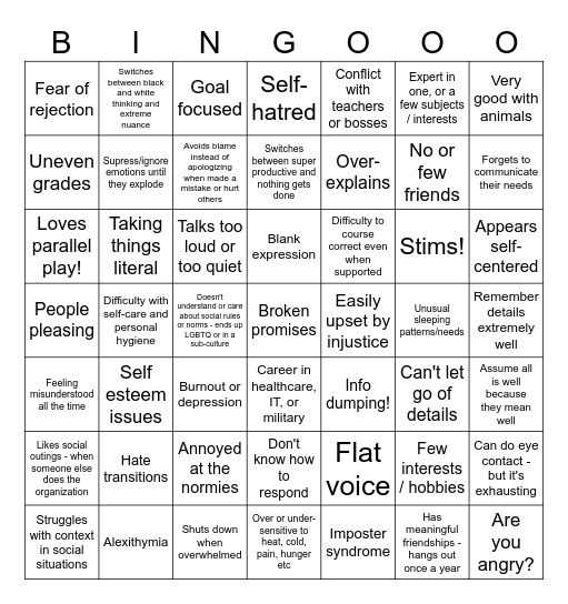 Un/late-diagnosed Autism Bingo Card