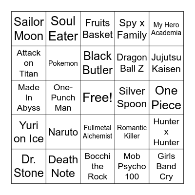 Anime Bingo Card