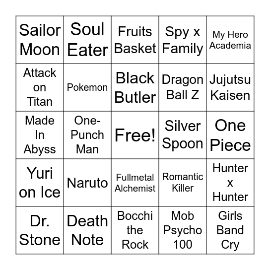 Anime Bingo Card