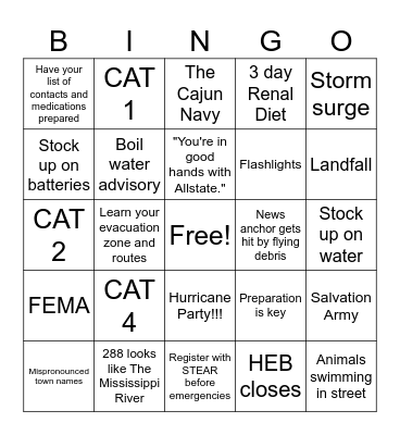Hurricane Preparedness Party Bingo for Dialysis Patients Bingo Card