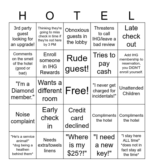 Hotel Bingo Card