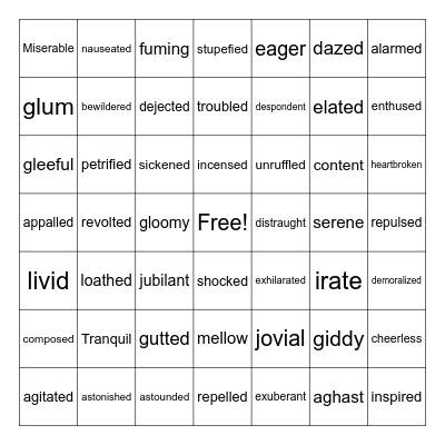 Emotions Thesaurus Bingo Card