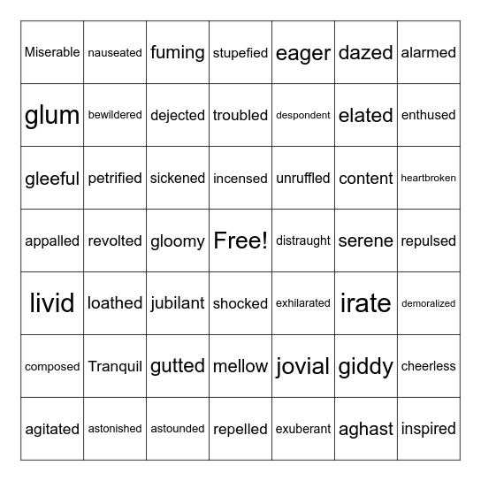 Emotions Thesaurus Bingo Card
