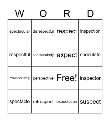 "Spect" Word Game (Like Bingo!) Bingo Card