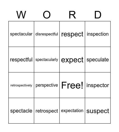 "Spect" Word Game (Like Bingo!) Bingo Card