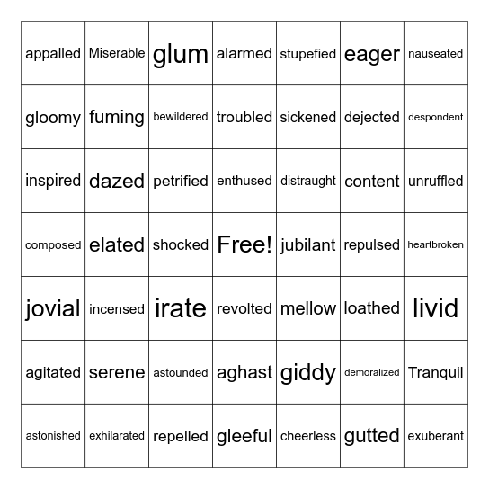 Emotions Thesaurus Bingo Card