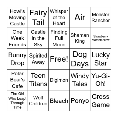 Anime Bingo Card