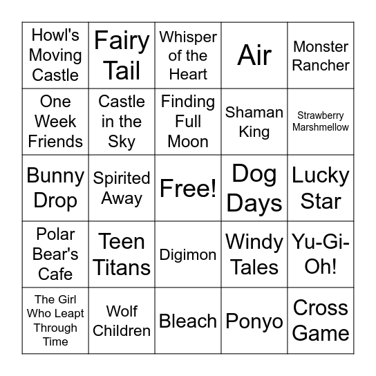 Anime Bingo Card