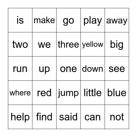 Dolch Words PP Bingo Card