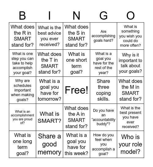 Goal Setting Bingo Card