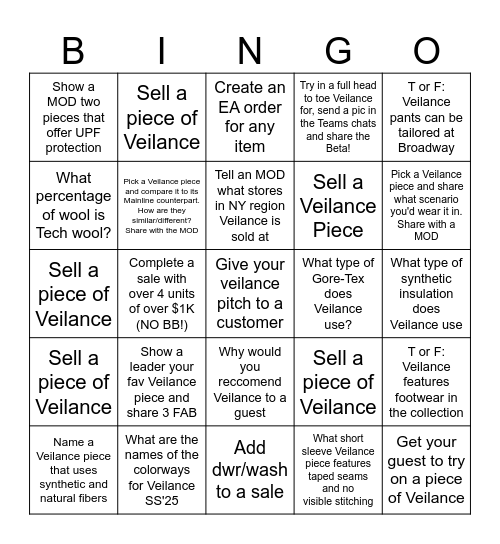 Veilance Bingo Card