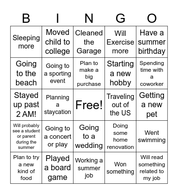 JGE Staff Summer BINGO Card