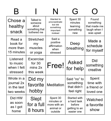 Mental Health Bingo Card