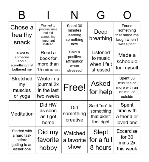 Mental Health Bingo Card