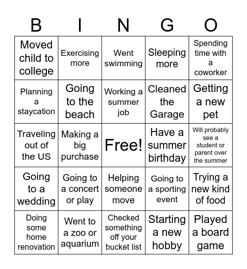 JGE Staff Summer Vacation BINGO Card
