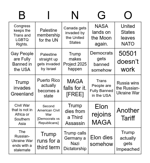 2025 - 2029 Prediction Bingo Card