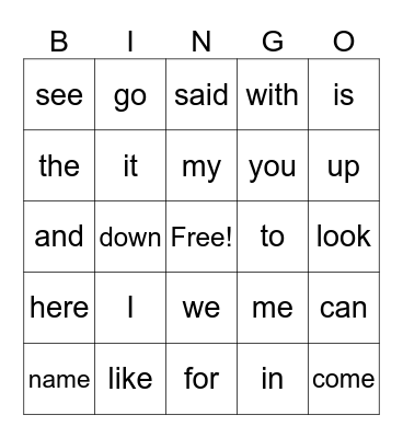 Sight Words Bingo Card