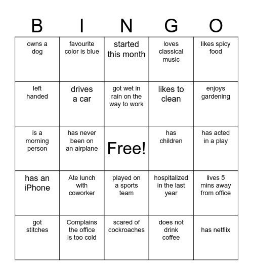 Team A Bingo Card