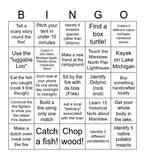 Bois Manistee Camping Weekend! Bingo Card