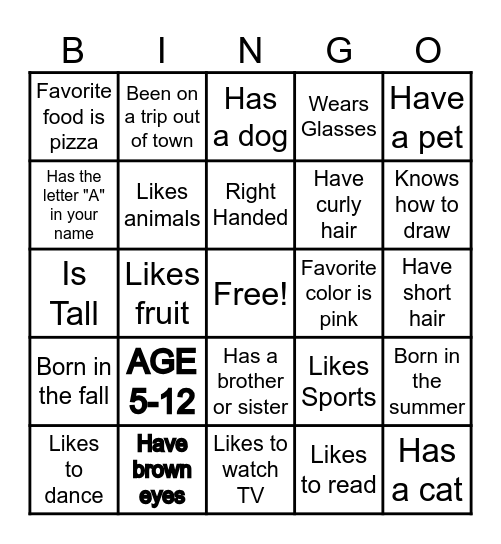 Getting To Know You! Bingo Card