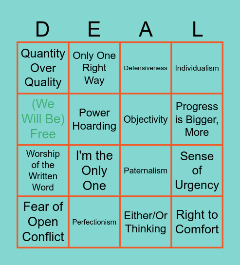 White Supremacy Culture Bingo Card