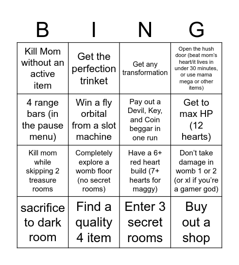 Isaac repentance bingo Card