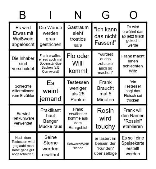 Rosins Restaurant Bingo Card