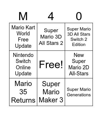 Mario 40th anniversary Bingo Card