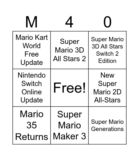 Mario 40th anniversary Bingo Card