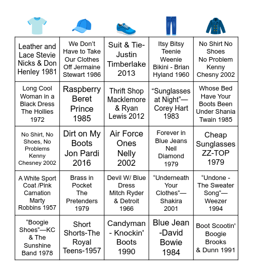 Clothes/Clothing Bingo Card