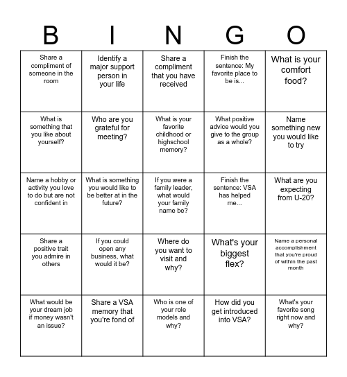U-20 Alumni Bingo Card