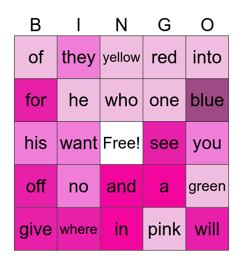 Sight Word Bingo Card