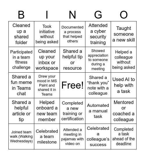 Recognition Bingo Card