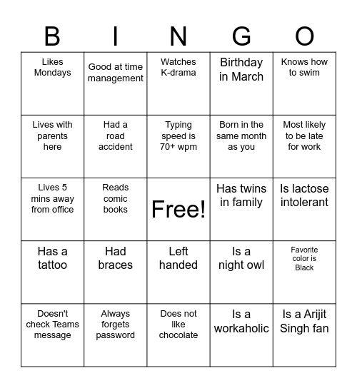 Set 5 Bingo Card