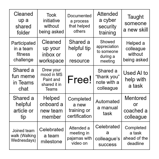 Recognition Bingo Card