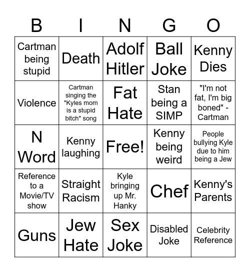 South Park Bingo Card