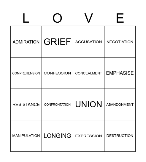 Love, Death & Nominalisation Bingo Card