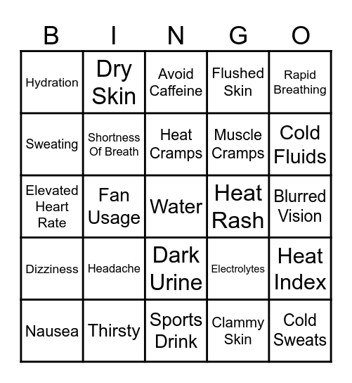 Heat Stress Safety Bingo   Name_____________ Shift:____ Bingo Card