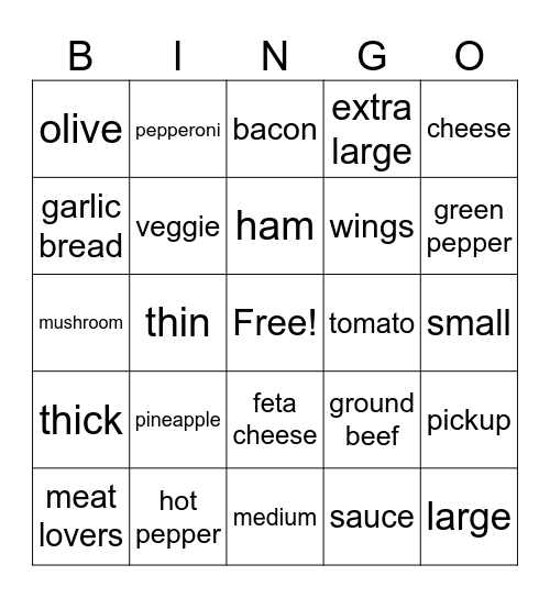 Pizza Bingo Card