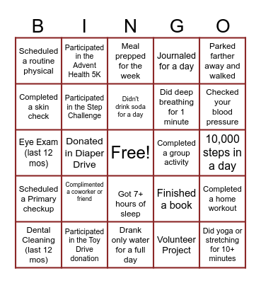 Summer Health Bingo Card